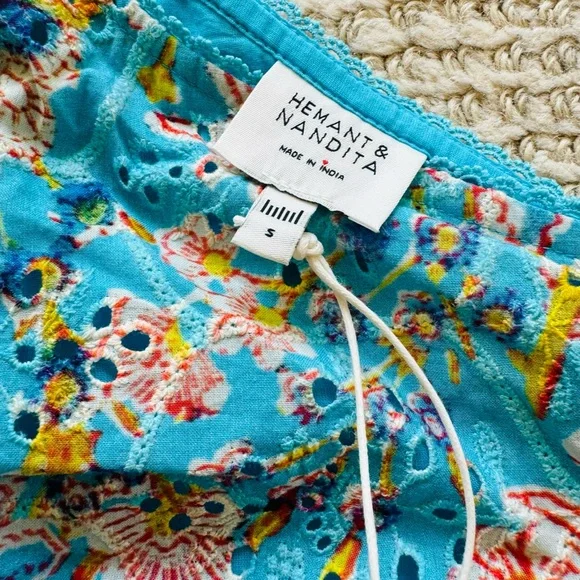 NWT Hemant & Nandita Lyna One Shoulder Cotton Eyelet Floral Ruffle Mini Dress S - Picture 11 of 13
